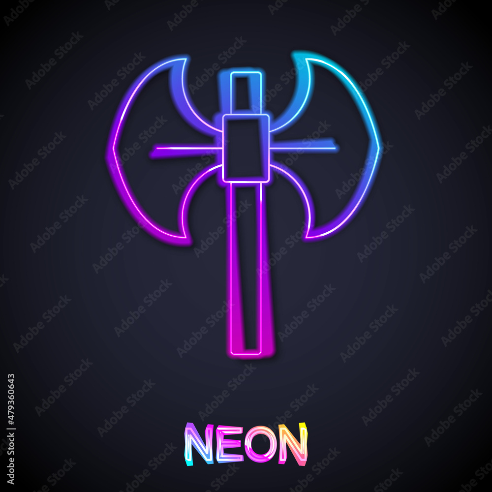 Glowing neon line Medieval poleaxe icon isolated on black background. Vector Glowing neon line Medieval poleaxe icon isolated on black background. Vector