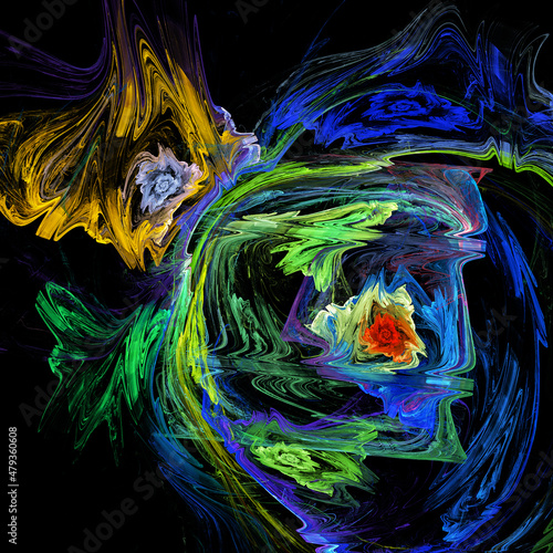 Spiral flowers are set against a black background in the center of colorful zigzag swirls. Abstract fractal background. 3d rendering. 3d illustration.