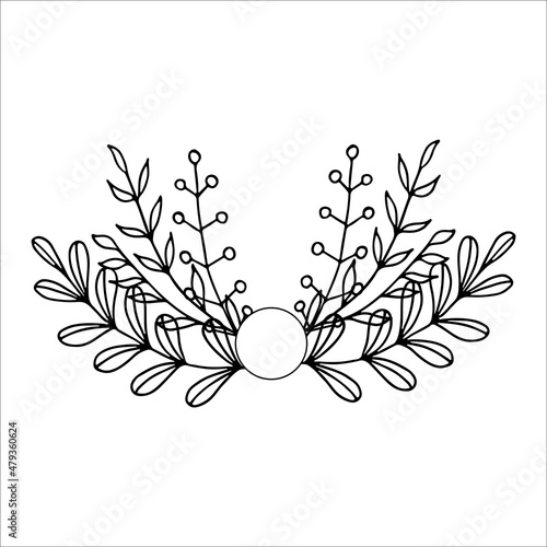 Round composition of decorative natural branches on a white background, vector illustration