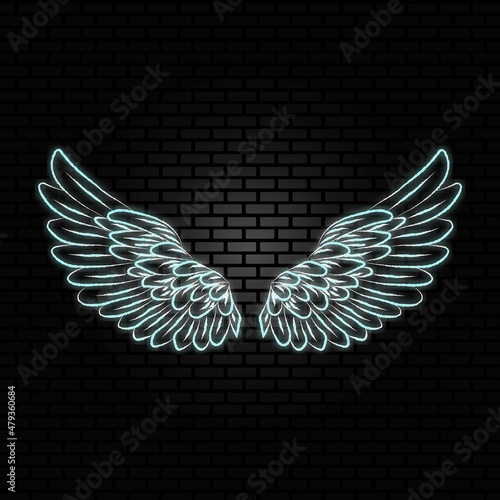 Silver angel wings neon sign, white bright glow, brick wall background, vector illustration. Icon, symbol for poster social network.