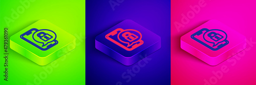 Isometric line Smartphone with closed padlock icon isolated on green, blue and pink background. Phone with lock. Mobile security, safety, protection concept. Square button. Vector