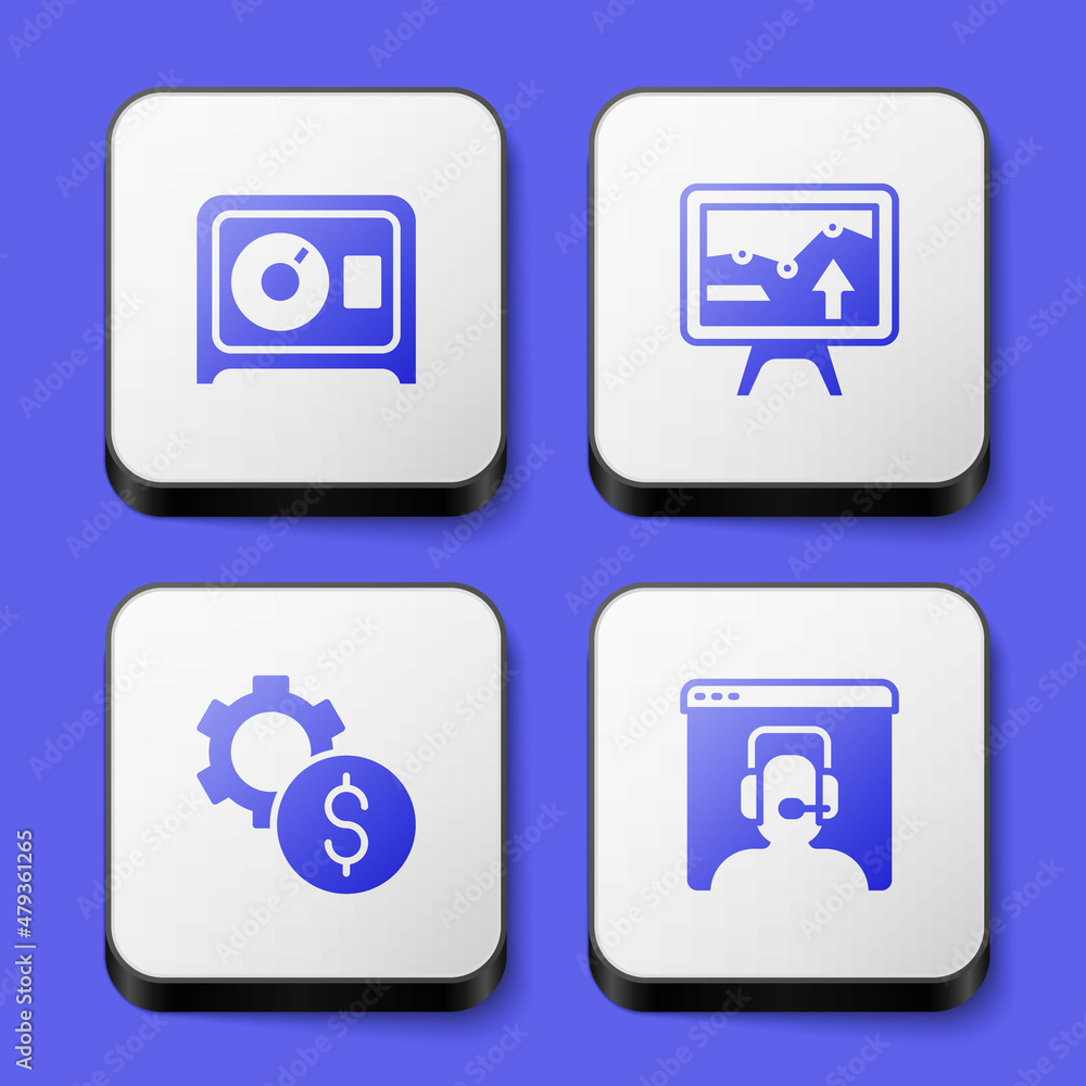 Set Safe, Monitor with graph chart, Gear dollar symbol and Telephone 24 hours support icon. White square button. Vector Set Safe, Monitor with graph chart, Gear dollar symbol and Telephone 24 hours support icon. White square button. Vector