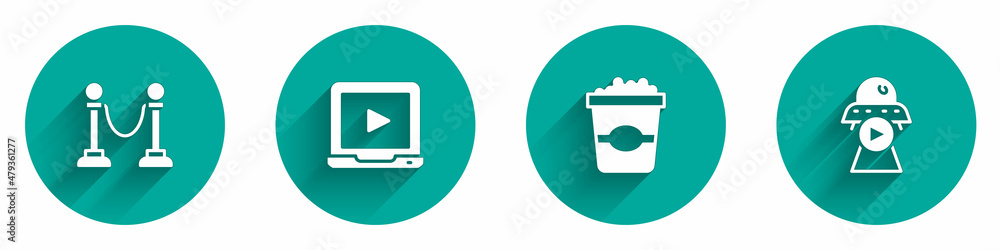 Set Rope barrier, Online play video, Popcorn cardboard box and Science fiction icon with long shadow. Vector Set Rope barrier, Online play video, Popcorn cardboard box and Science fiction icon with long shadow. Vector