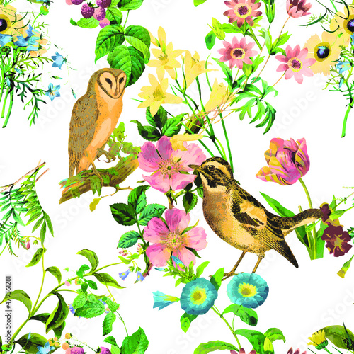 A beautiful and stunning repeated pattern of florals and birds free download perfect for fabrics, t-shirts, mugs, packaging etc