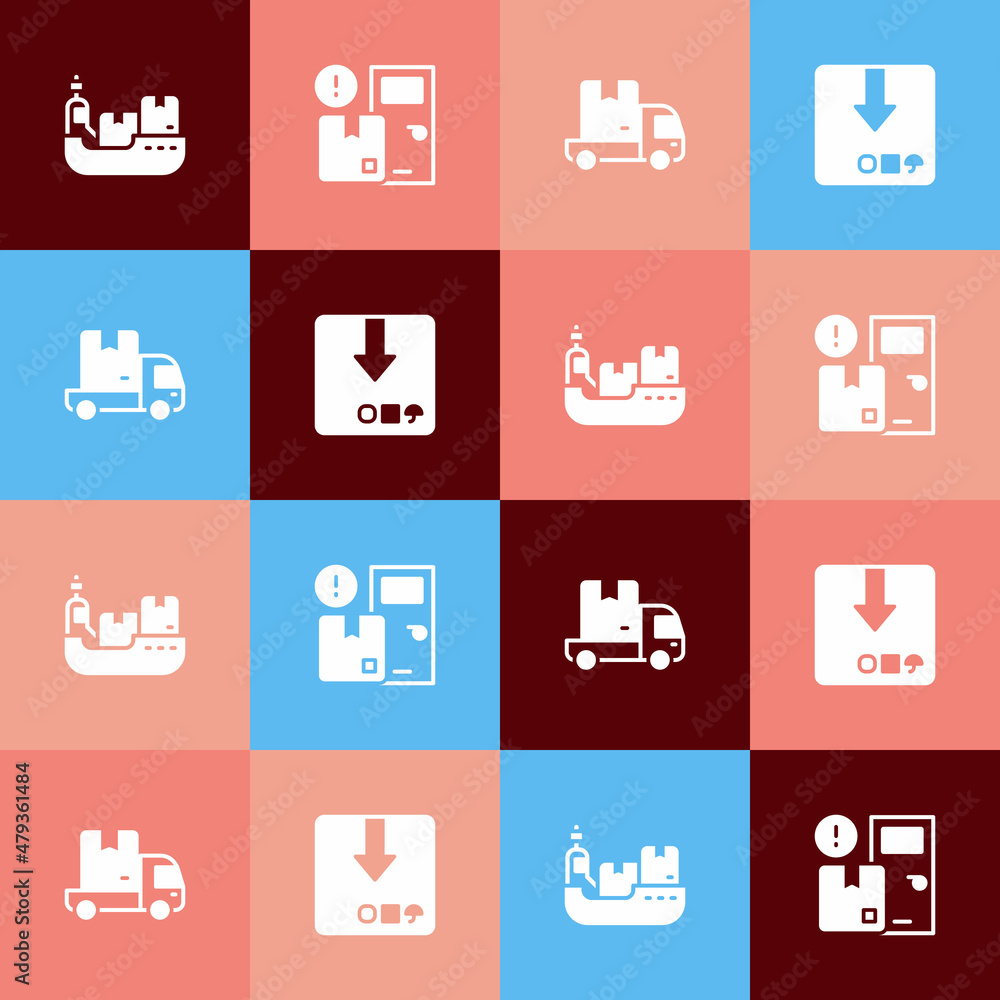 Set pop art Cargo ship with boxes delivery, Home services, Delivery cargo truck and Carton cardboard icon. Vector Set pop art Cargo ship with boxes delivery, Home services, Delivery cargo truck and Carton cardboard icon. Vector