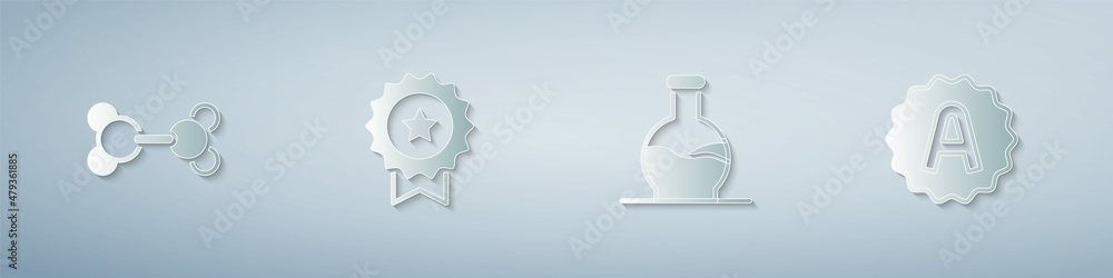 Set Molecule, Medal with star, Test tube and Exam sheet A plus grade. Paper art style. Vector Set Molecule, Medal with star, Test tube and Exam sheet A plus grade. Paper art style. Vector