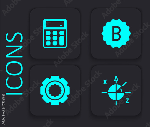 Set Trigonometric circle, Calculator, Exam paper with incorrect answers and Gear icon. Black square button. Vector