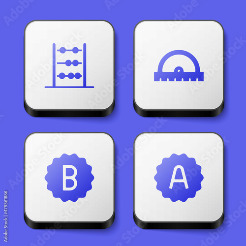 Set Abacus, Protractor grid, Exam paper with incorrect answers and sheet plus grade icon. White square button. Vector
