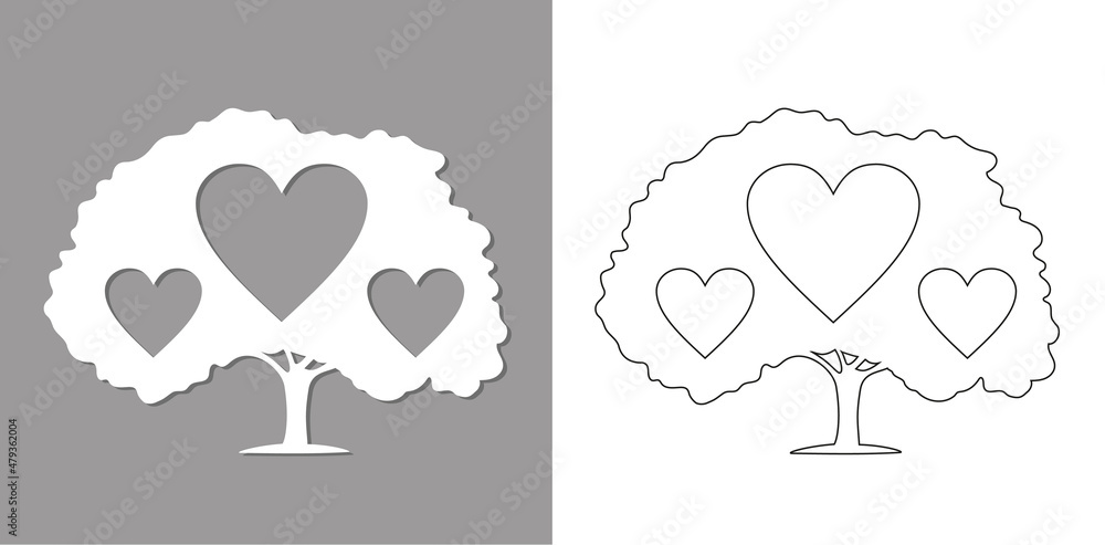 Family tree silhouette with hearts. Laser cutting Vector template.  Mockup for wood carving, cnc, paper cutting, sticker, photo frame. Vector EPS10.
