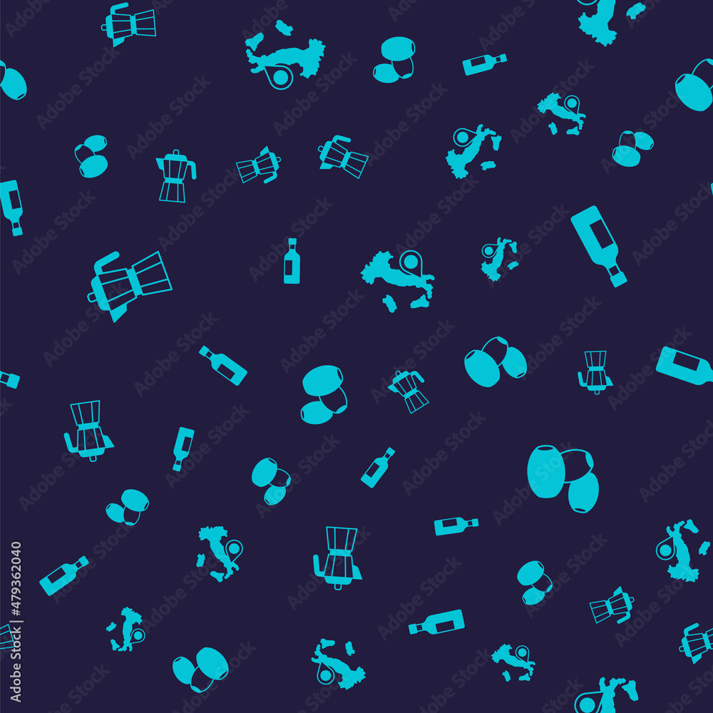 Set Coffee maker moca pot, Bottle wine, Map Italy and Olives on seamless pattern. Vector Set Coffee maker moca pot, Bottle wine, Map Italy and Olives on seamless pattern. Vector