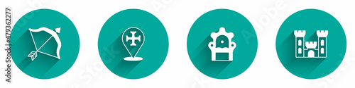 Set Medieval bow and arrow, Crusade, throne and Castle icon with long shadow. Vector
