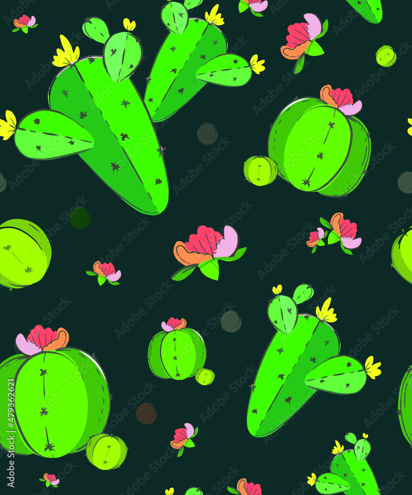 Cactus plants on a white or colored background. Vector pattern. A flat picture in delicate green shades. Elements for the design and printing of wallpapers, sketches, patterns and textiles.