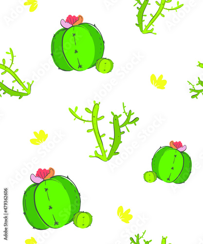 Cactus plants on a white or colored background. Vector pattern. A flat picture in delicate green shades. Elements for the design and printing of wallpapers, sketches, patterns and textiles.