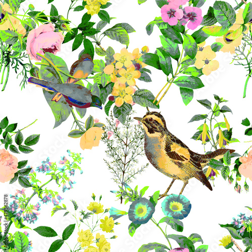 A beautiful and stunning repeated pattern of florals and birds free download perfect for fabrics, t-shirts, mugs, packaging etc