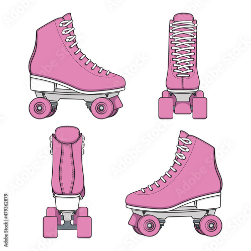 Set of color images with pink rollers, roller quads. Isolated vector objects on a white background.