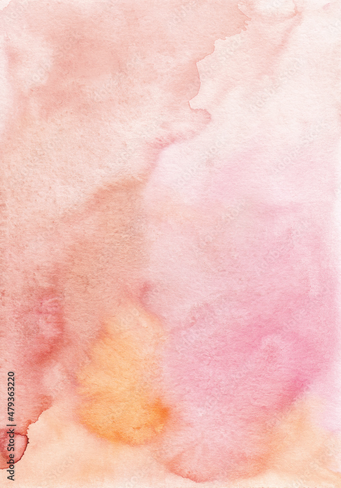 Fototapeta premium Abstract pastel pink and orange watercolor background texture, hand painted. Artistic light red and yellow backdrop, stains on paper. Aquarelle painting wallpaper.