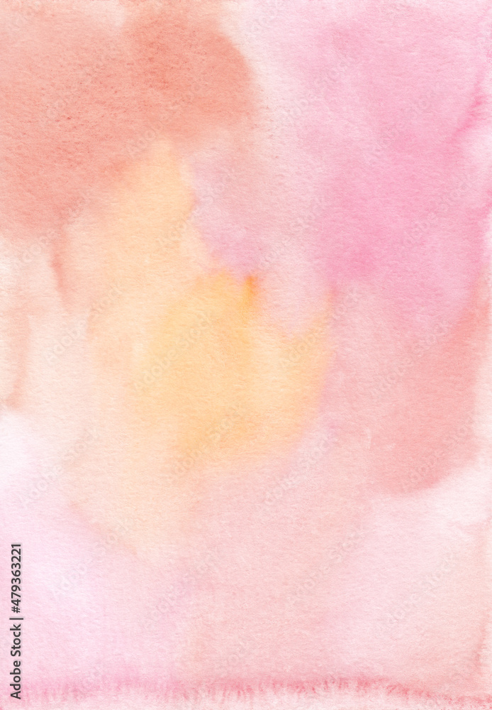 Abstract pastel pink, orange, yellow watercolor background texture, hand painted. Artistic light rose and yellow backdrop, stains on paper. Aquarelle coral color painting wallpaper.
