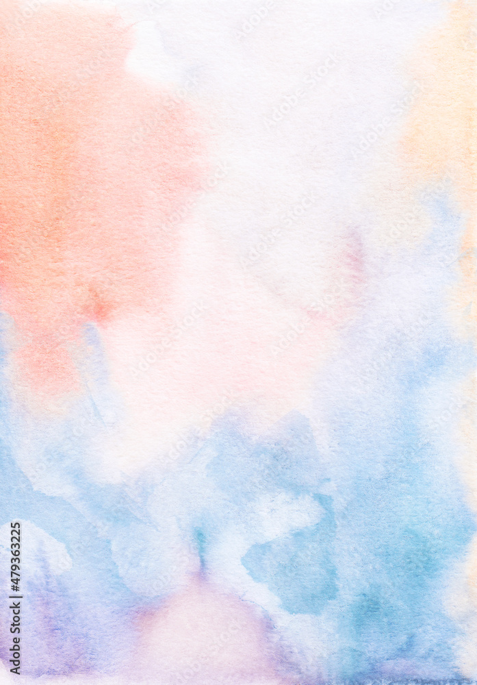 Abstract pastel red, orange and blue watercolor background texture, hand painted. Artistic light backdrop, stains on paper. Aquarelle painting wallpaper.