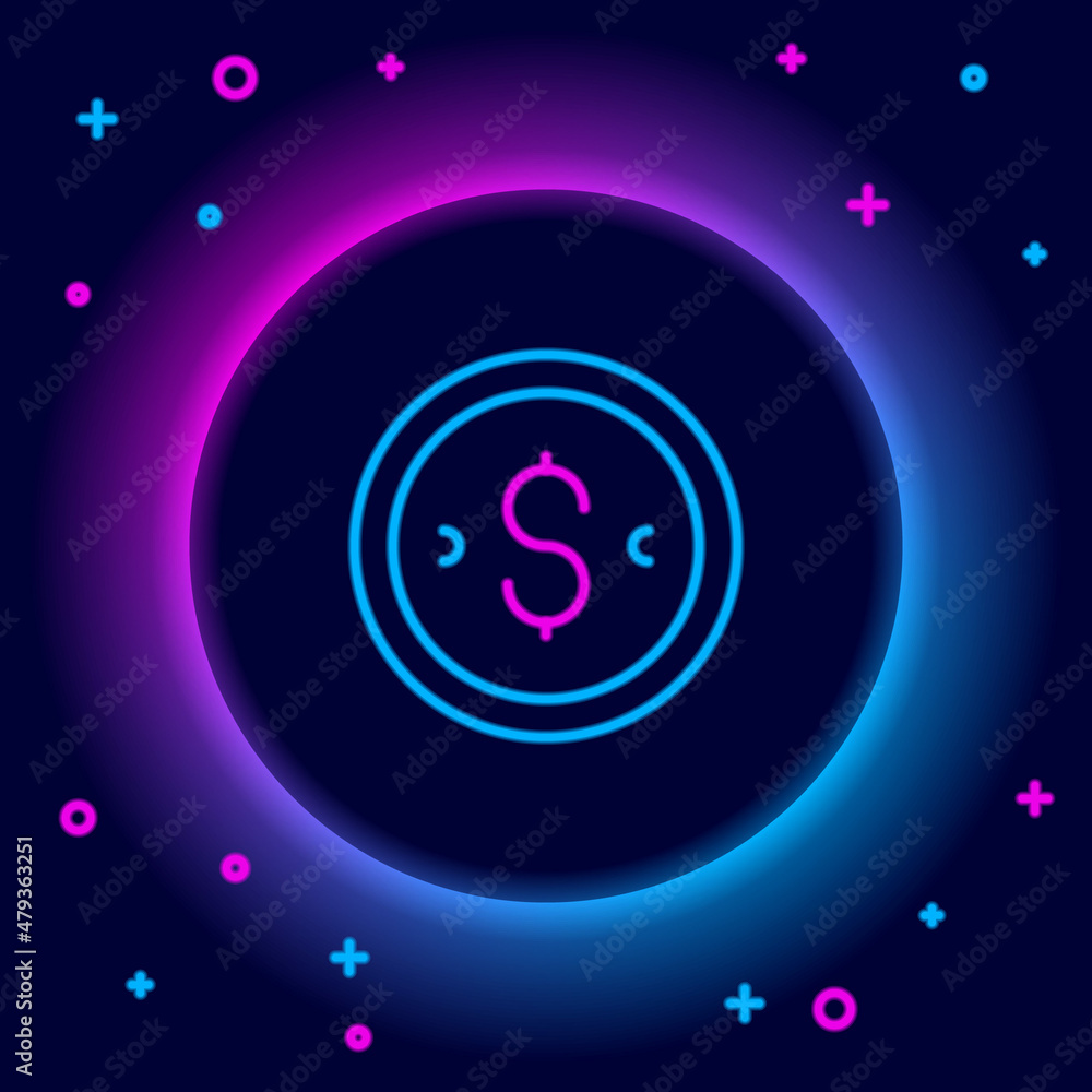 Glowing neon line Coin money with dollar symbol icon isolated on black background. Banking currency sign. Cash symbol. Colorful outline concept. Vector Glowing neon line Coin money with dollar symbol icon isolated on black background. Banking currency sign. Cash symbol. Colorful outline concept. Vector