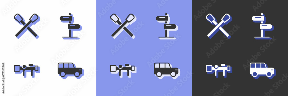 Set Safari car, Burning match with fire, Sniper optical sight and Road traffic sign icon. Vector Set Safari car, Burning match with fire, Sniper optical sight and Road traffic sign icon. Vector