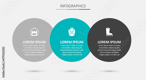 Set Canteen water bottle, Hiking backpack and Waterproof rubber boot. Business infographic template. Vector