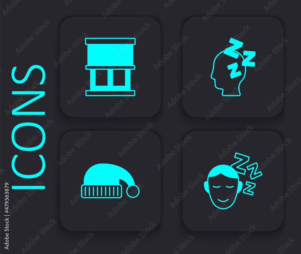 Set Dreams, Window with curtains, and Sleeping hat icon. Black square button. Vector Set Dreams, Window with curtains, and Sleeping hat icon. Black square button. Vector