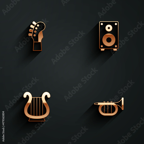 Set Guitar neck, Stereo speaker, Ancient Greek lyre and Trumpet icon with long shadow. Vector