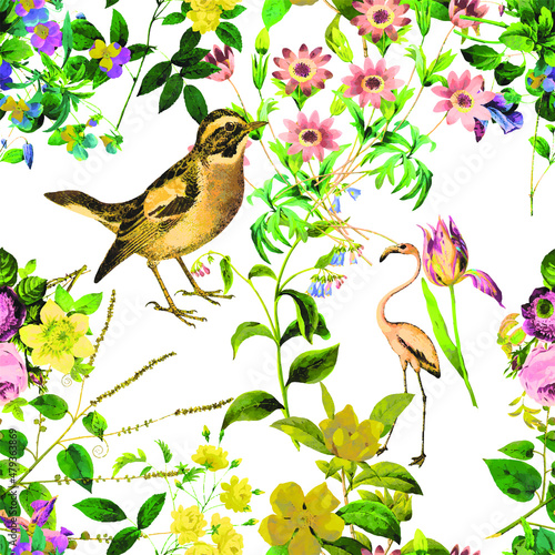 A beautiful and stunning repeated pattern of florals and birds free download perfect for fabrics, t-shirts, mugs, packaging etc