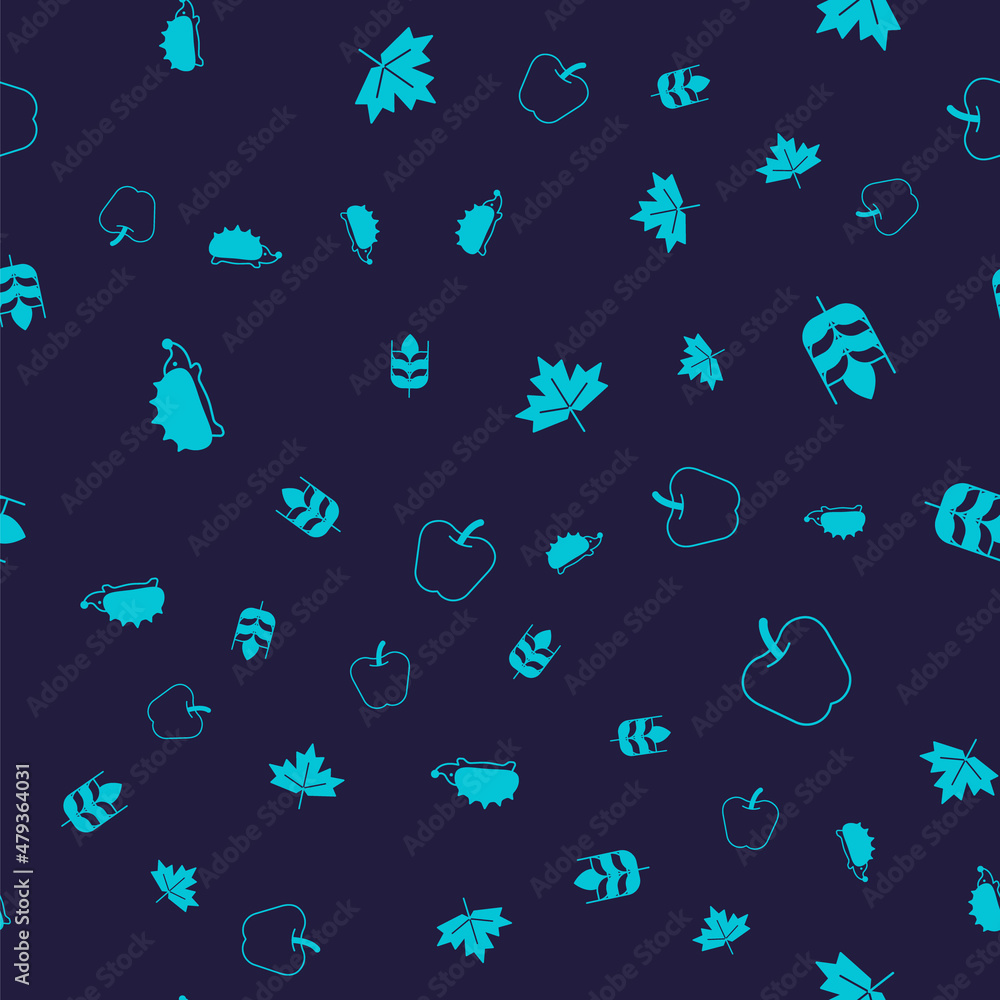 Set Hedgehog, Wheat, Canadian maple leaf and Apple on seamless pattern. Vector