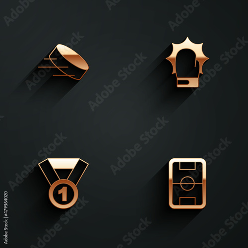 Set Hockey puck, Punch in boxing gloves, Medal and Football field icon with long shadow. Vector