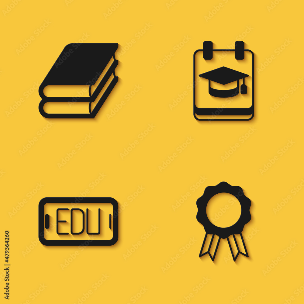 Set Book, Online education with diploma, and icon with long shadow. Vector Set Book, Online education with diploma, and icon with long shadow. Vector