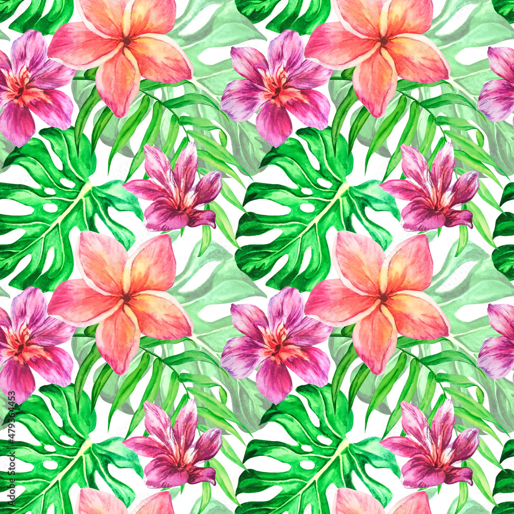 Watercolor seamless background with tropical leaves and flowers hibiscus, plumeria