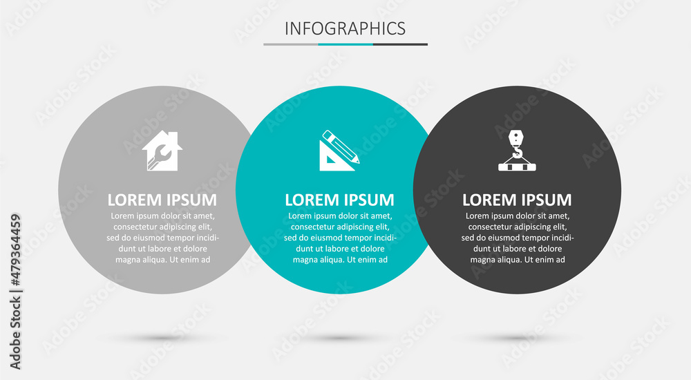 Fototapeta premium Set Triangular ruler and pencil, House with wrench spanner and Crane hook. Business infographic template. Vector