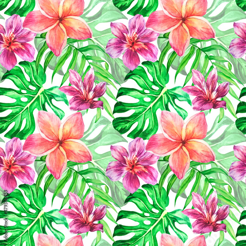 Watercolor seamless background with tropical leaves and flowers hibiscus  plumeria