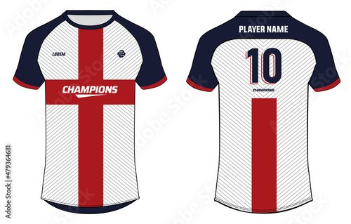 Sports jersey t shirt design flat sketch illustration, Abstract flag pattern Raglan Round neck tees football jersey concept with front and back view for Cricket, soccer, Volleyball, Rugby uniform kit