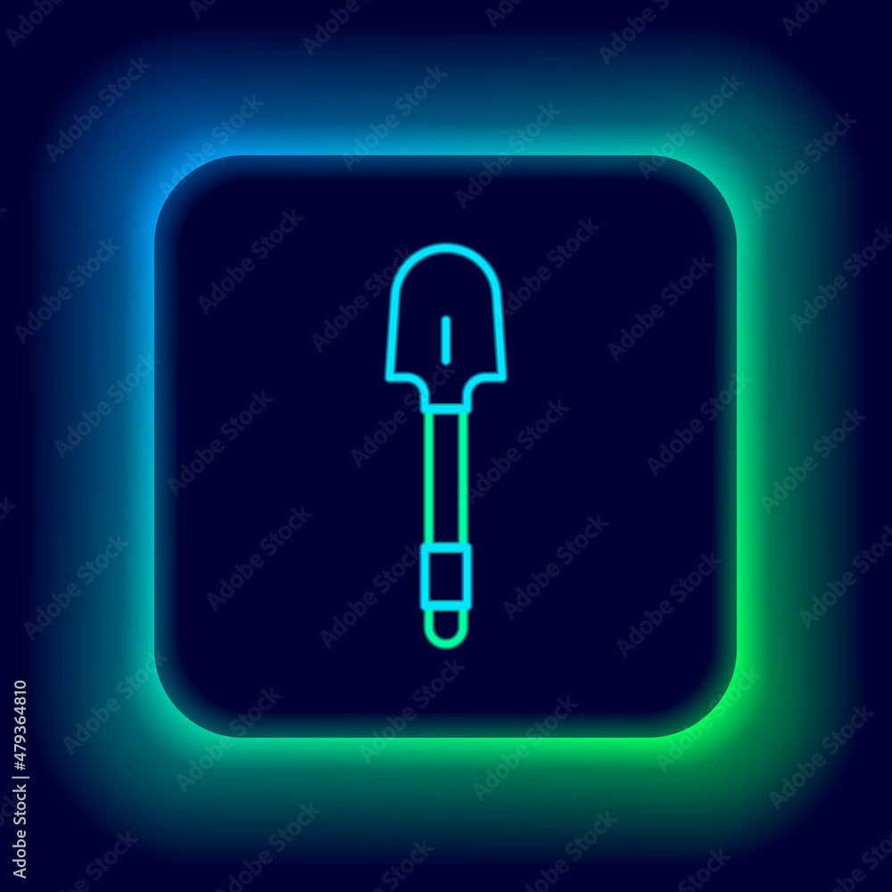 Glowing neon line Shovel icon isolated on black background. Gardening tool. Tool for horticulture, agriculture, farming. Colorful outline concept. Vector Glowing neon line Shovel icon isolated on black background. Gardening tool. Tool for horticulture, agriculture, farming. Colorful outline concept. Vector