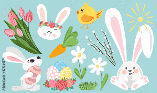 Cartoon Vector Easter illustration set with rabbits, eggs, tulips, carrot and spring flowers. Perfect for greeting card or banner