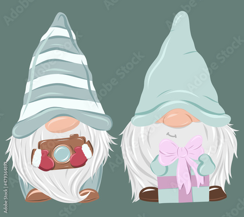 Scandinavian vector gnome with gift and camera. Cute blue hat. Set of cute cartoon gnomes.