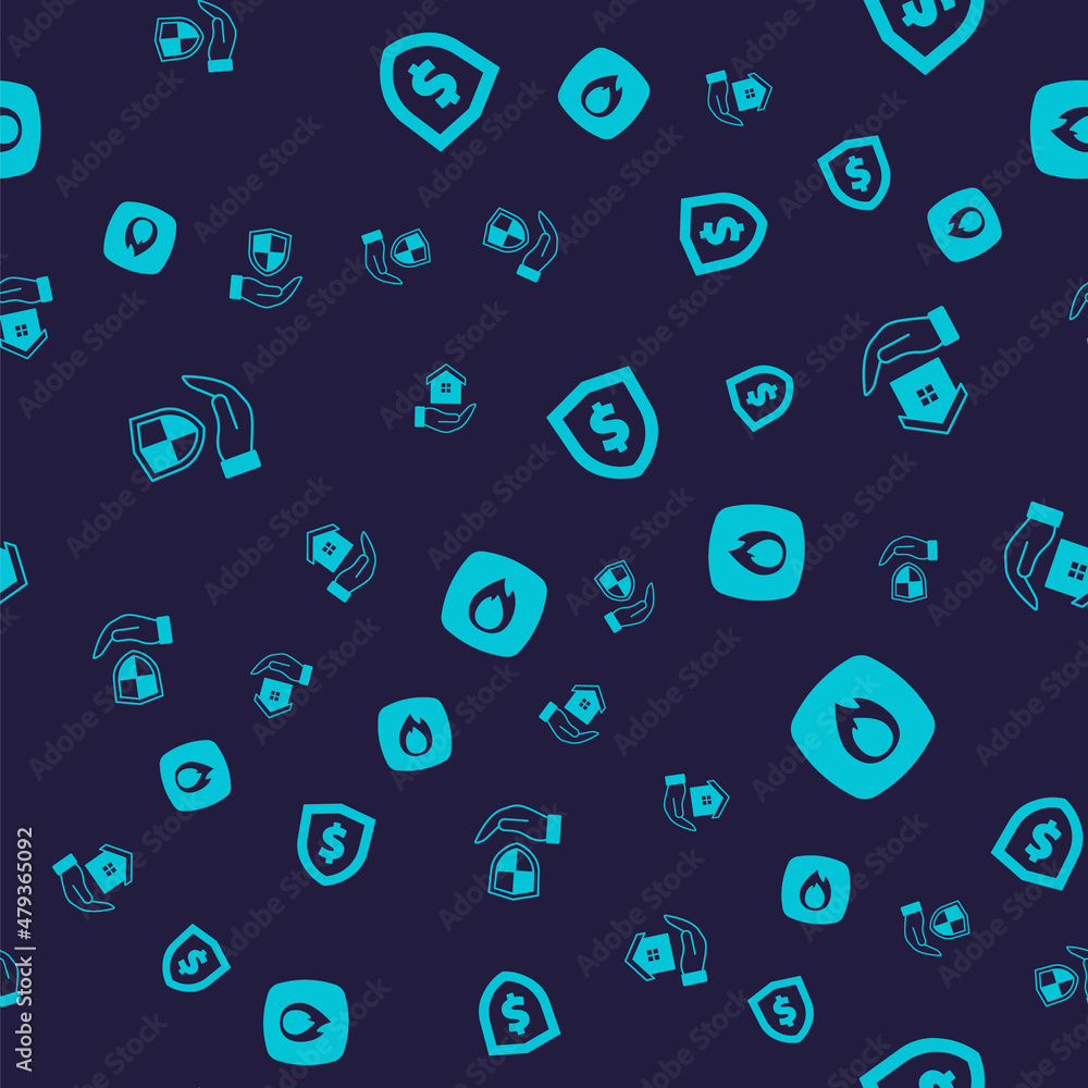Set Shield in hand, House, with dollar and Fire flame on seamless pattern. Vector Set Shield in hand, House, with dollar and Fire flame on seamless pattern. Vector