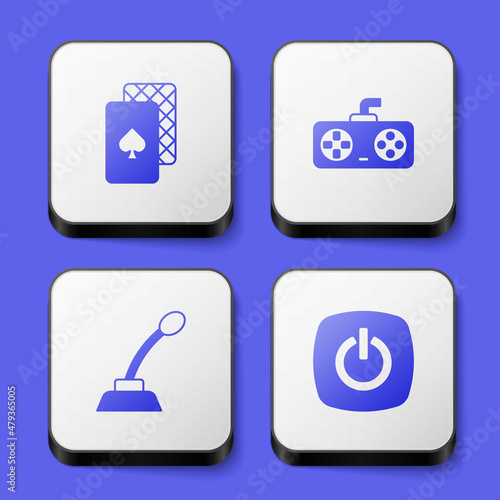 Set Playing cards, Game controller or joystick, Microphone and Power button icon. White square button. Vector