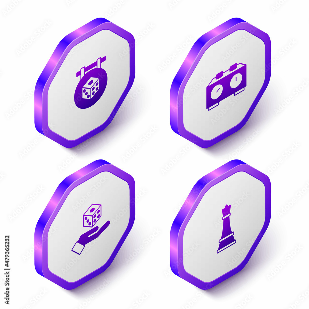 Set Isometric Game dice, Time chess clock, and Chess icon. Purple hexagon button. Vector Set Isometric Game dice, Time chess clock, and Chess icon. Purple hexagon button. Vector