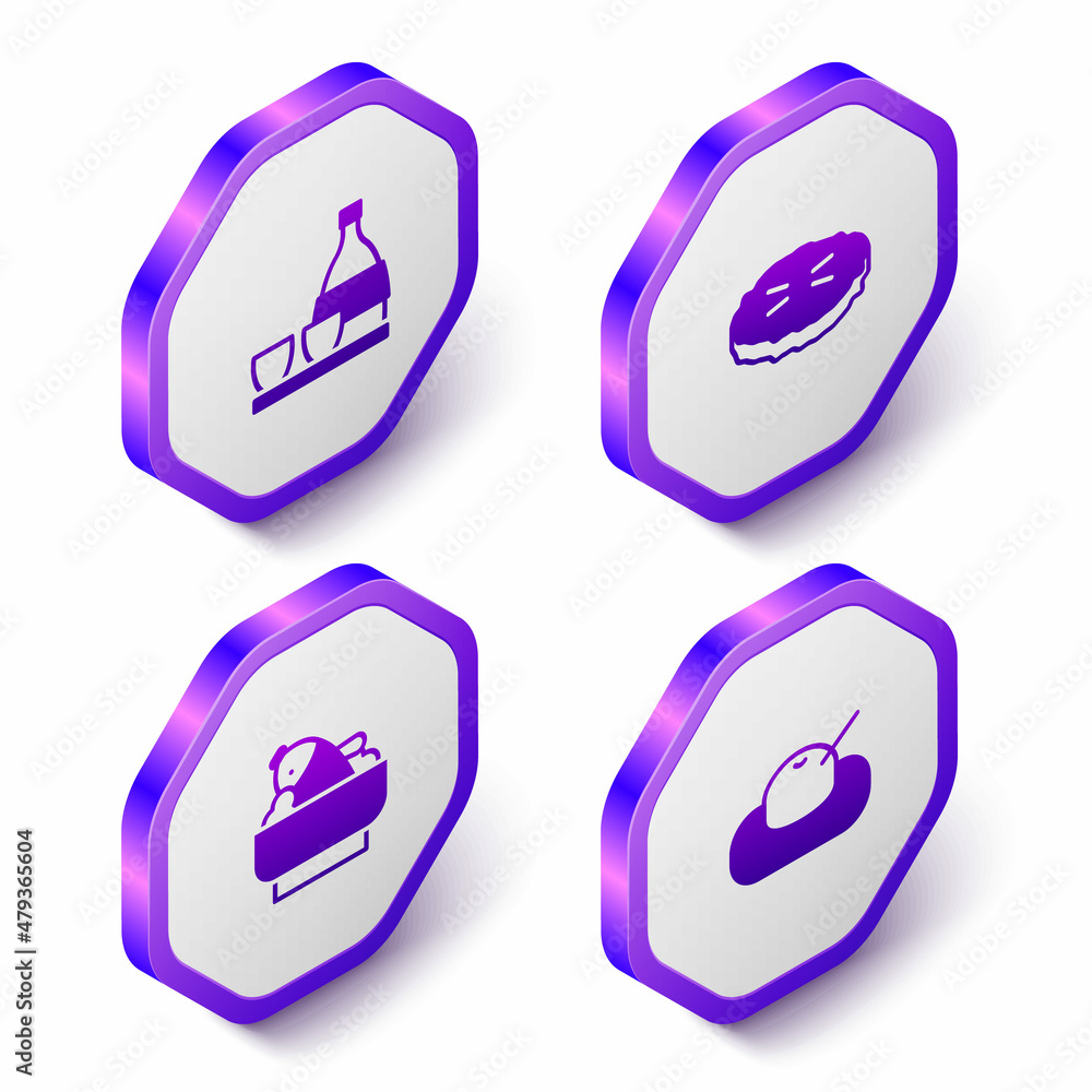 Set Isometric Bottle of sake, Homemade pie, Rice with fish in bowl and Mochi icon. Purple hexagon button. Vector Set Isometric Bottle of sake, Homemade pie, Rice with fish in bowl and Mochi icon. Purple hexagon button. Vector
