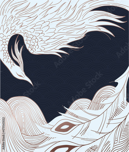 abstract illustration of mythological bird phoenix Fenghuang, black and white photo