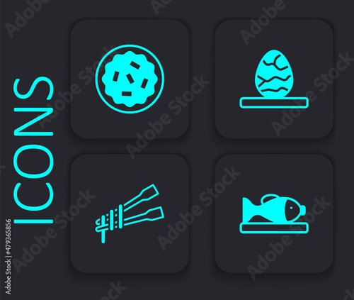 Set Served fish on a plate, Homemade pie, Chinese tea egg and Food chopsticks with noodles icon. Black square button. Vector