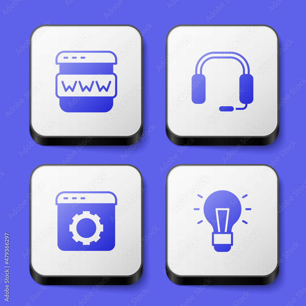 Set Browser window, Headphones, setting and Light bulb icon. White square button. Vector Set Browser window, Headphones, setting and Light bulb icon. White square button. Vector