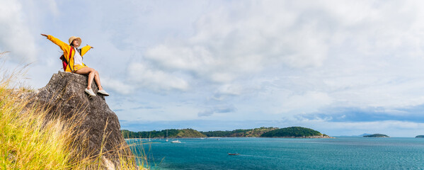 Panorama traveler woman on cliff joy fun nature view scenic landscape Krating Cape, Attraction adventure place tourist travel Phuket Thailand summer holiday vacation trip, Beautiful destination Asia