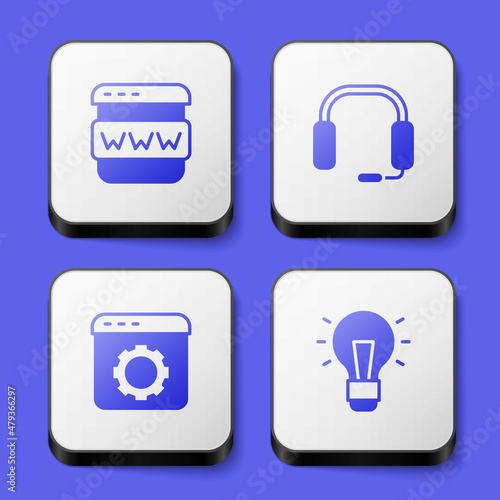 Set Browser window, Headphones, setting and Light bulb icon. White square button. Vector