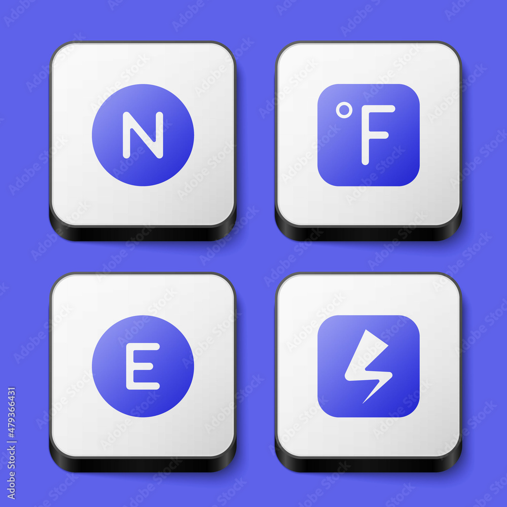 Set Compass north, Fahrenheit, west and Lightning bolt icon. White square button. Vector Set Compass north, Fahrenheit, west and Lightning bolt icon. White square button. Vector