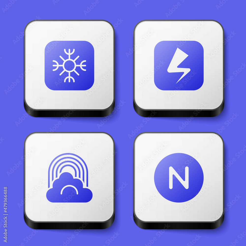 Set Snowflake, Lightning bolt, Rainbow with cloud and Compass north icon. White square button. Vector