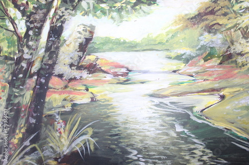 Fototapeta Naklejka Na Ścianę i Meble -  Hand Art Painting on my art studio Creating painting on the river in the forest Mountain